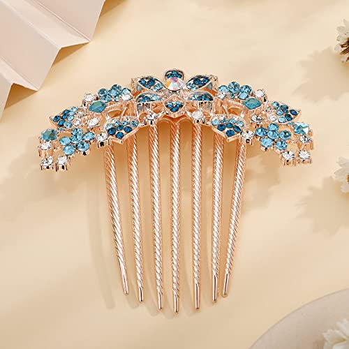Jumwrit Crystal Bride Wedding Hair Comb Love Heart Leaf Colorful Rhinestone Flower Hair Side Comb Rose Gold Hair Clip Comb Floral Vintage Bridesmaid Headpiece Bridal Hair Jewelry For Women Girls(Blue) #TOP2