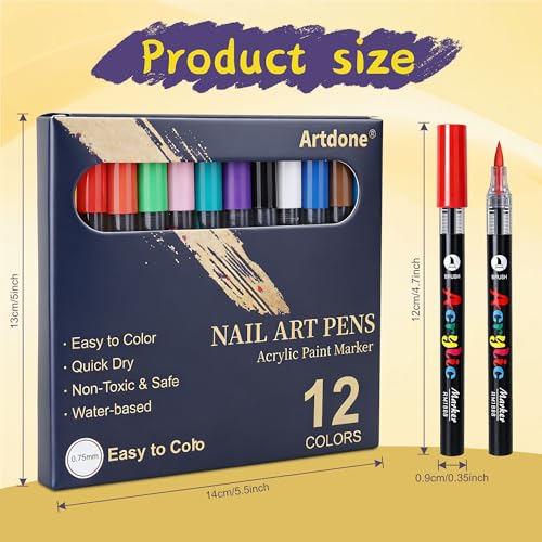 Image of Artdone 12 Colors Nail Art Pens Set, 3D Quick-Drying Acrylic Paint Markers Nail Point Graffiti Dotting Drawing Liner Brush for DIY Gel Nail Polish Design Manicure Tools