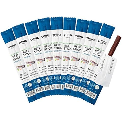 Think Jerky, Original Grass-Fed Beef Sticks (1.0 Ounce Sticks, Pack of 10 Sticks) - Sugar Free, Gluten Free, Non GMO, No Nitrates, Keto Friendly, Paleo, High Protein, Low Carb Cover
