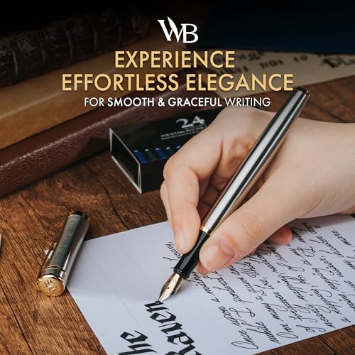 Image of Wordsworth & Black Luxury Fountain Pen Set for Writing,Bent Nib,Silver | Gift for Men & Women, Brass Body, 18K German Iridium, Calligraphy, Converter + 24 Ink Cartridges, Refillable, Leak-Free