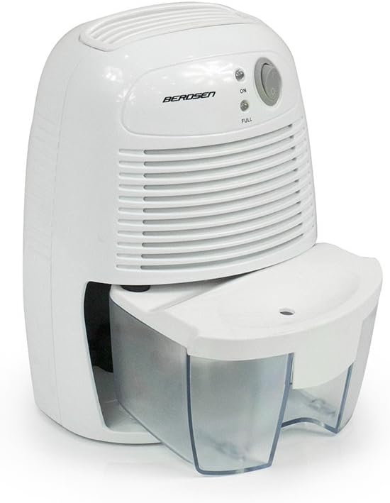 Taraf view of the Berdsen BR-68W Mini Dehumidifier with the water tank partially removed.