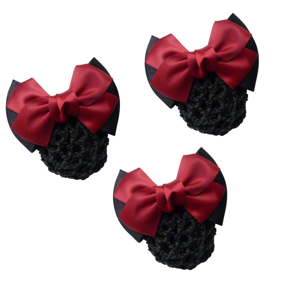 Minkissy 3Pcs Hair Snood with Flower Clip, Bowknot Mesh Bun Cover and Headdress for Women and Girls - Office and Casual Wear - Red