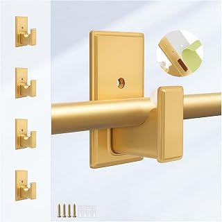 TKZTKZ No Drilling Curtain Rod Brackets:Self Adhesive Curtain Rod Holders for Rod 5/8" No Nail,Easy Peel and Stick Curtain Rod Hooks No Drill for Bathroom, Livingroom, Kitchen,Dorm,Door(Gold,4PCS)