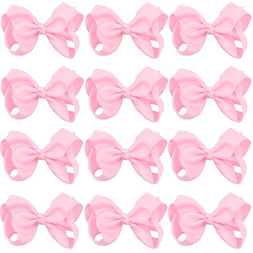ICObuty 4 Inch Boutique Girls Hair Bows Hair Clips for Baby Girls Toddlers 12 Pcs Solid Color (Pink)