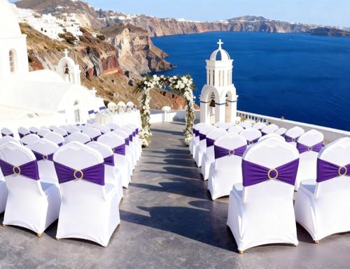 MAGTOWNE Purple Chair Sashes 50 Pack with Gold Buckle Slider, Spandex Chair Bows Bands for Folding Chairs Wedding Party Birthday Décor