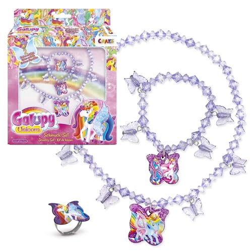 CRAZE GALUPY UNICORN Kinder Schmuck Set Mädchen mit 1 Halskette, 1 Armband & 1 Ring in rosa oder lila – Einhorn Kinderschmuck Mädchen ab 4 Jahre