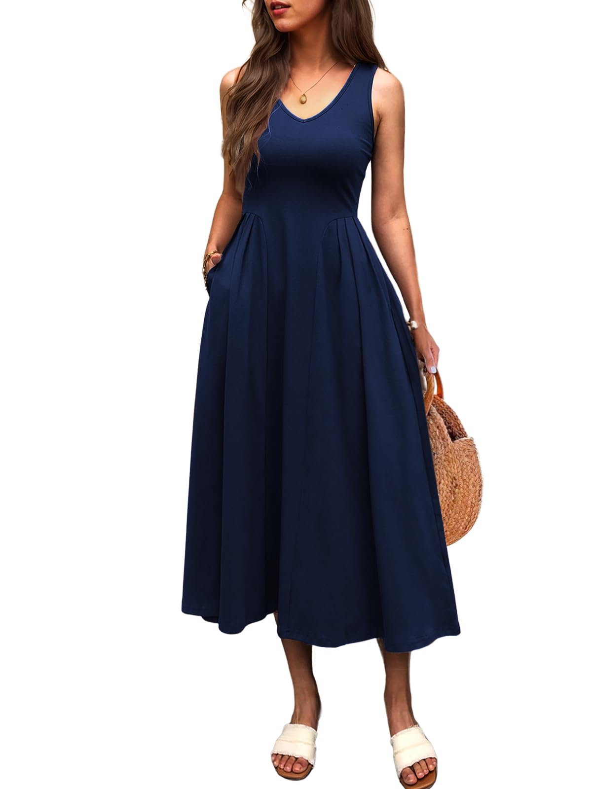 Mieazom Women Summer Sleeveless Casual Dresses Pleated Waist Elegant Midi A-Line Flowy Swing Dress Sundress with Pockets