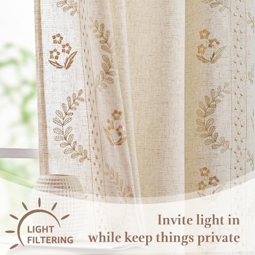 Image of jinchan Beige Floral Linen Kitchen Tier Curtains 50x54 Inch 2 Panels