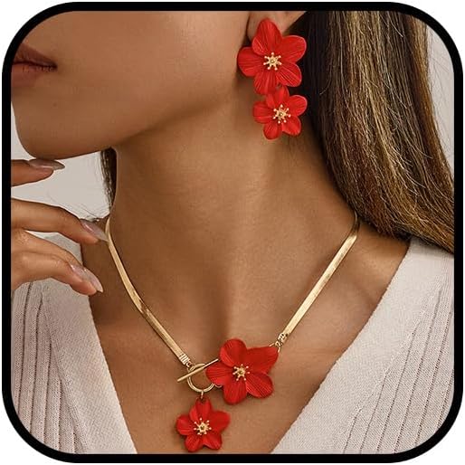 Flower Statement Necklace and Earrings Jewelry Sets for Women Chunky Big Large White Yellow Hibiscus Flowers Floral Earrings and Choker Necklaces Set