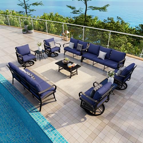 Image of 10 Pieces Patio Conversation Sets, All-Weather Metal Swivel Rocking Chairs with Rope Furniture Set, Outdoor Sofa Couch for Deck, Porch, Garden, Backyard, Poolside (Blue Cushions)
