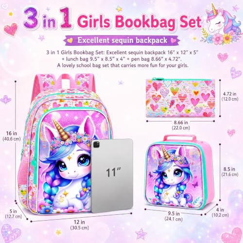 Image of WZLVO 3PCS Kids Backpack for Girls, Unicorn Dinosaur Animal Prechool Elementary Kindergarten School Bookbag with Lunch Box