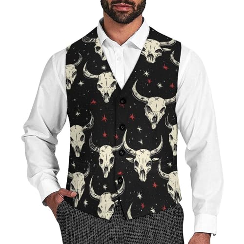 Cow Skull Print Men's Suit Vests Business Formal Dress Vest V-Neck Waistcoat for Wedding Casual