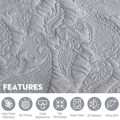 Image of HZ & HY Oversized Alaskan King Bedspread 138x122 Extra Wide, Stitched Paisley Quilt Set, Lightweight Reversible Coverlet, Scalloped Edge - Modern Classic Look, 5 Piece, Ultimate Gray