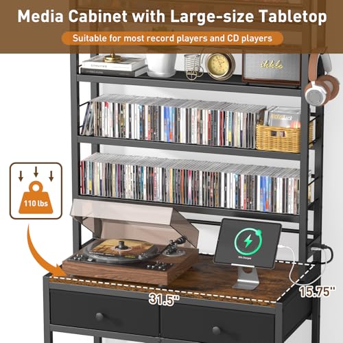 ikkle-Tall-CD-Rack-with-Power-Outlet-Drawers-8-Tier-DVD-Storage-Shelf-Media-Storage-Cabinet-for-CDsDVDs-Vinyl-Records-Books-Games-Ideal-for-Living-Room-Home-Office-315x157x706-in-Brown