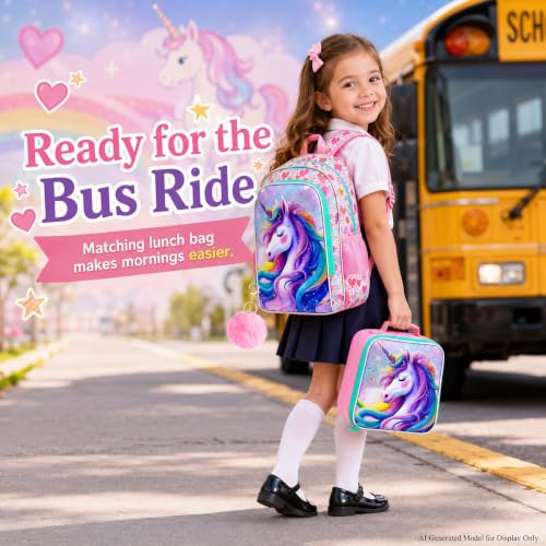 Image of CCJPX 3Pcs Unicorn Backpack, 16 inch Kids Girls Bookbag with Lunch Box, Water Resistant Elementary School Bag for Kindergarten Preschool Toddler (Pink)