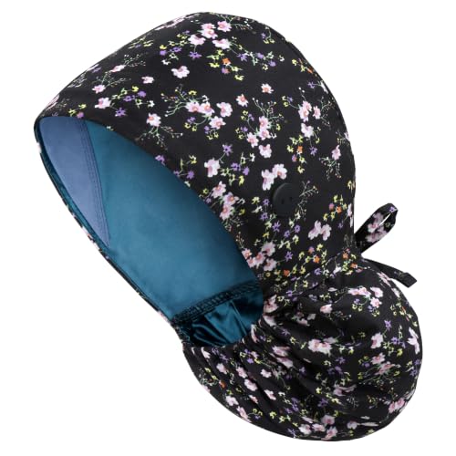 Image of Satin Lined Scrub Cap for Women, Bouffant Nurse Cap with Sweatband and Buttons, Adjustable Surgical Hat for Curly Hair, Braids, Long Hair and Buns