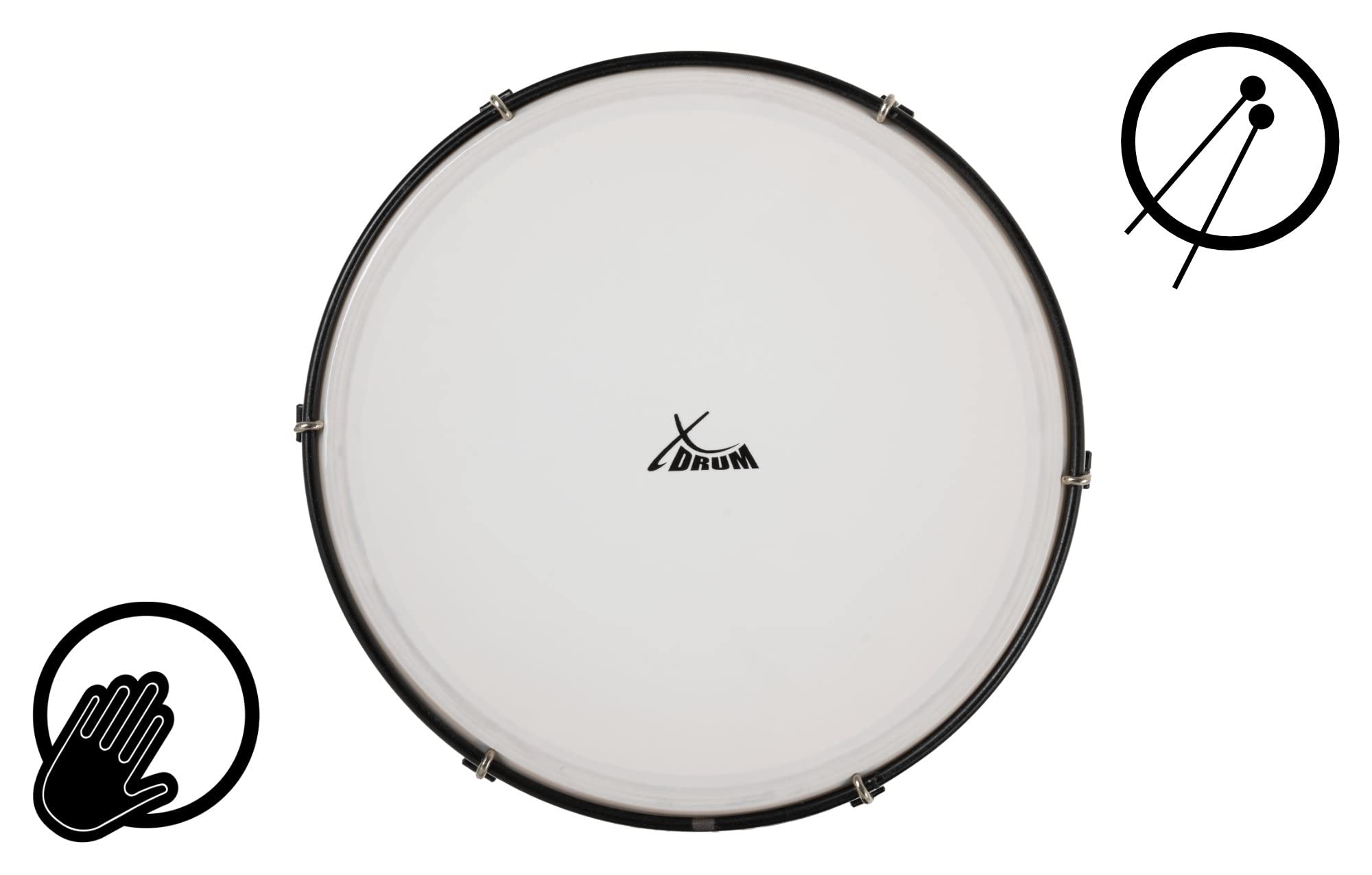 XDrum HTM-12K Tambor De Mano Con Baquetas Set De 3, Diámetro: 12" (30 | 5 cm), Piel resistente de poliéster, Marco de madera de arce, 6 tensores para afinar el tambor, Mango ergonómico, 8 cm