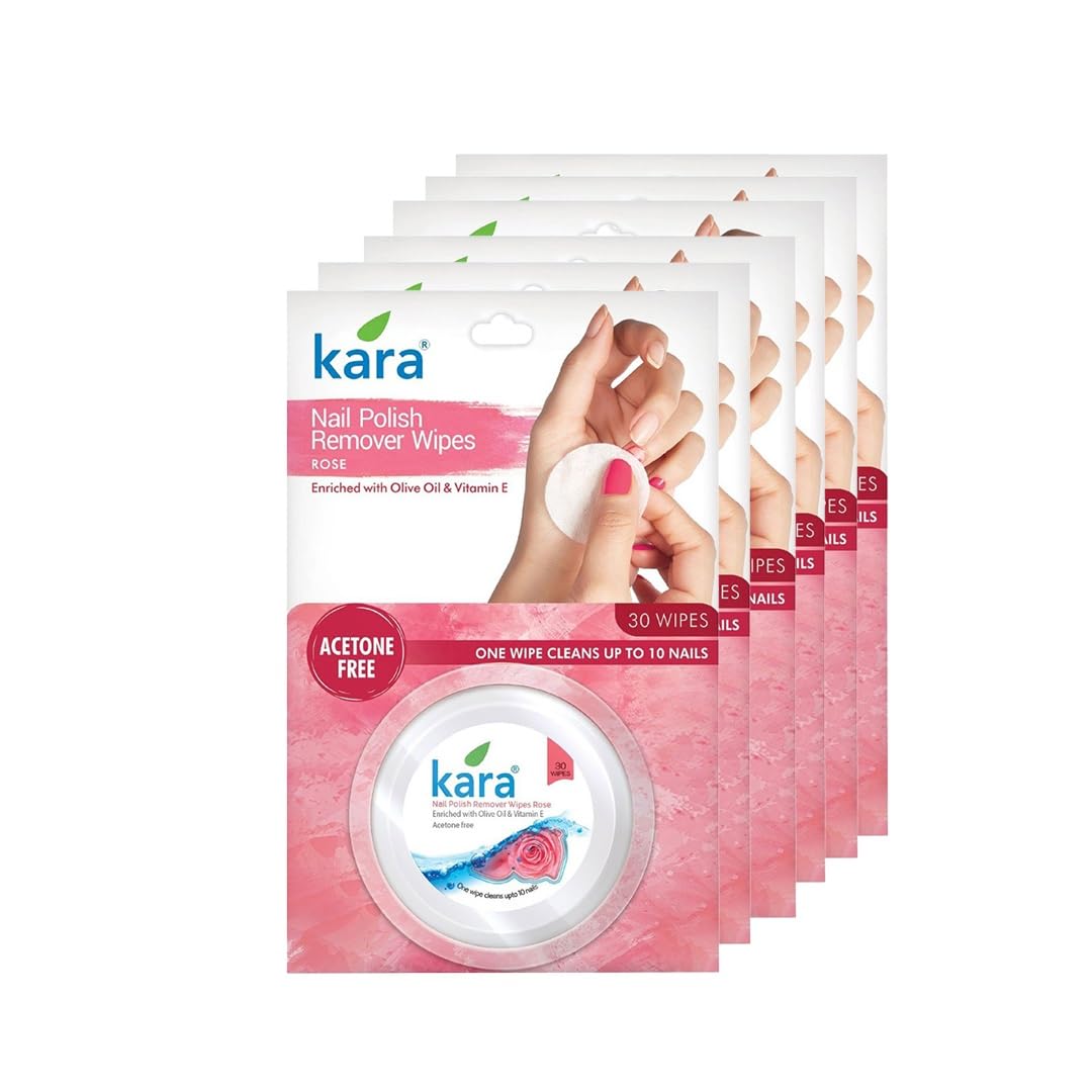 Kara Nail Polish Remover Wipes Rose - 30 Pulls (Pack of 6)| Travel-Friendly | Enriched with Olive Oil & Vitamin E | Acetone Free | One Wipe Cleans 10 Nails