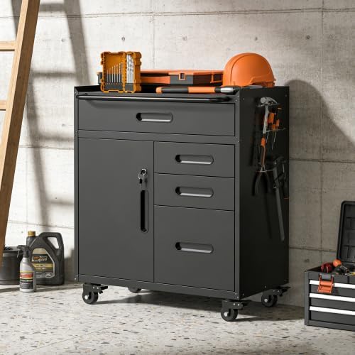 34.3" Mobile Tool Storage Cabinet - Garage Organizer with Lockable Compartment & 4 Drawers, Rolling Steel Chest for Workshop and Home Garage