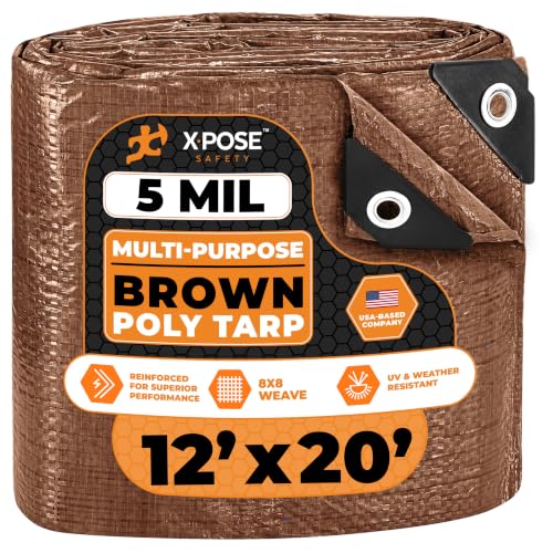 Image of Multipurpose Protective Cover Brown Poly Tarp 12' x 20' - Durable, Water Resistant, Weather Resistant - 5 Mil Thick Polyethylene - by Xpose Safety