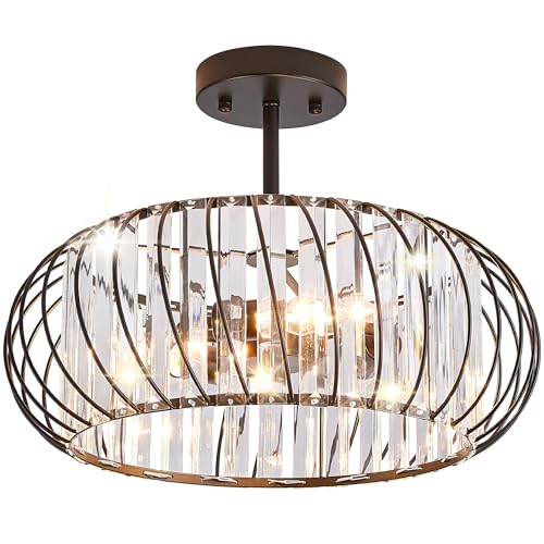Semi Flush Mount Crystal Ceiling Light, 3-Light Metal Cage Hallway