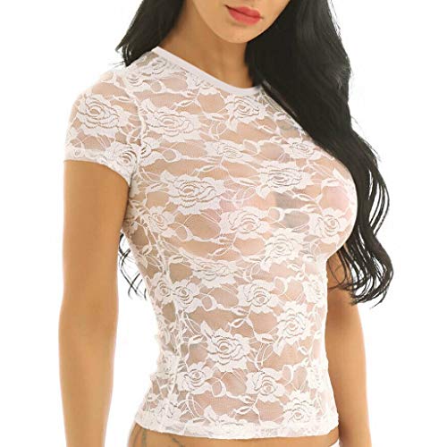 Sexy Lingerie for Women Shirt See-Through Women's Short Casual Lace T Crop Mesh Sleeve Sheer Tops Lingerie (White, XL)
