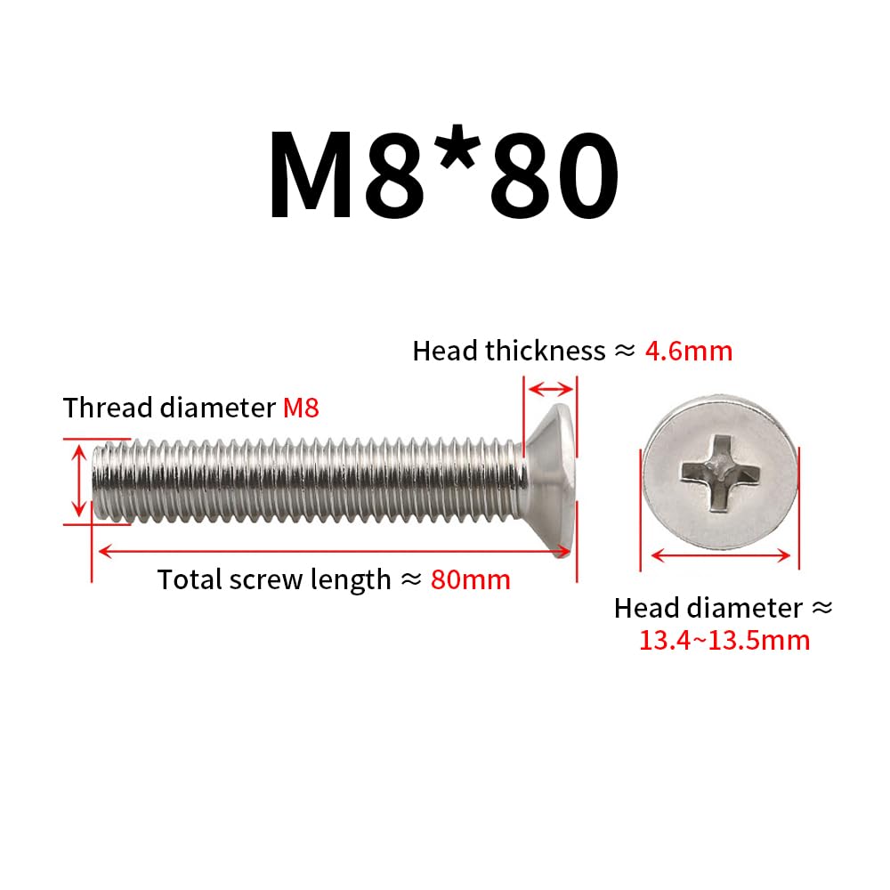 M8*80 Viti a Testa Svasata Cilindrica, Acciaio Inox 201 Filettatura Completa Testa Phillips per Fai da Te Riparazioni Installazioni, Quantità 50pz Standard GB 819 Grado A