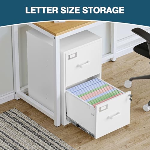 Image of MIIIKO 2 Drawer Filing Cabinet with Lock, Metal Vertical File Cabinets for Home Office, Lockable File Storage Cabinets Under Desk, Letter /A4 File Folders Storage（White-Assembly Required