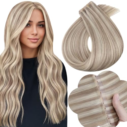 Image of Full Shine Butterfly Weft Hair Extensions Human Hair, 20 Inch 50G Ash Blonde Highlights Bleach Blonde, Seamless Micro Beads OVO Weft, Silky Straight Hairpiece for Wedding