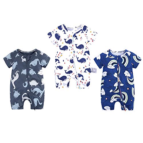 WINZIK Toddler Baby Boy Girl Zipper Pajamas Summer Short Sleeve Cotton One-Piece Bodysuit Romper for 3M-3Y (Tag 100 for 2-3Y, Pack of 3, Set 3#)