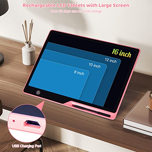 LCD Writing Tablet,16 Inch Colorful Screen Rechargeable Doodle Board Toddler Educational Toys for 3 4 5 6 Years Old Boys Girls Reusable Portable Drawing Tablet Christmas Toys Gifts for Kids (Pink) - Image 2