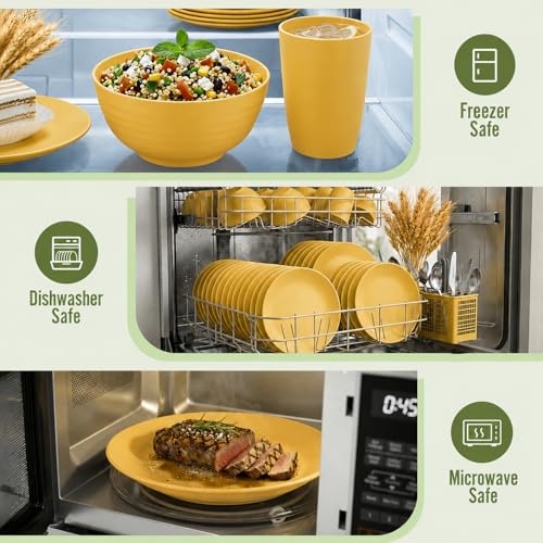 Image of 40 Piece Wheat Straw Dinnerware Sets for 8, Unbreakable Dish Set, Plates and Bowls Sets for 8, Lightweight Kitchen Dishware Set for Camping, Picnic, and Famliy Everyday Use - Yellow