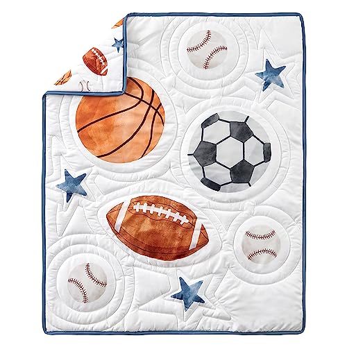 Image of Sweet Jojo Designs Sports Theme Boy Baby Mini Crib Bedding Set Infant Nursery Room Newborn Blanket Portable Pack n Play Sheets 3p Watercolor Vintage Soccer Balls Football Baseball Basketball Blue Star
