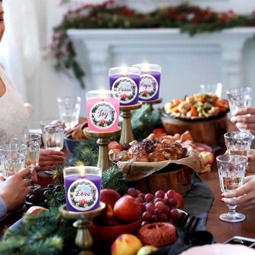 Image of Purple and Pink Christmas Advent Votive Candles in Glass, Unscented 15 Hour Soy Wax Love, Hope, Peace and Joy Candles for Christmas Wedding Table Home Spa Holidays Party, 4 Packs