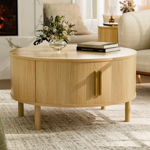 Image of ZttRiee Round Coffee Table with Sliding Doors, Modern, Natural | O30.0 inchD x 16.3 inchH, 200 lbs capacity, dual sliding-door storage, ~45 min assembly.