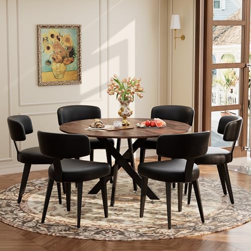 Image of Wood Dining Table Set for 6, 47 inch Round Kitchen Table with 6 Faux Leather Dining Chairs, MDF Tabletop with Metal Legs, Ergonomic Dining Chair with Metal Legs(Woodgrain Table with Black Chairs)