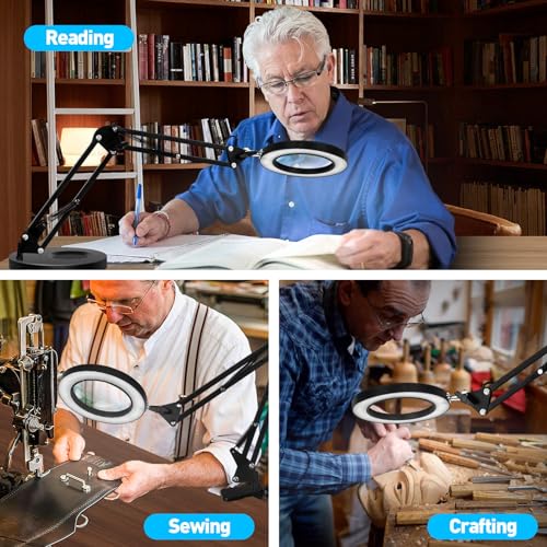 10X Magnifying Glass with Light and Stand, NUEYiO 2 in 1 Heavy-Duty Metal Base Magnifier with Light, 2200 Lumens LED Magnifying Lamp, Adjustable Arm Lighted Magnifying Glass for Reading Craft Hobby