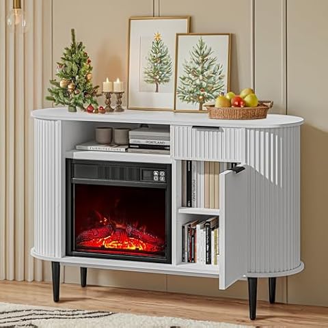 OLD CAPTAIN Electric Fireplace, 50" Electric Fireplace TV Stand, Fireplace Console with Curved Profile Design, Modern Entertainment Center with Storage, Media Console with Fireplace, White Cover