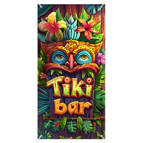 Image of BissYard Tiki Bar Door Cover 71 x 35 Inches Tropical Tiki Mask Door Banner Hawaiian Luau Party Front Door Decoration Indoor Outdoor Porch Island Theme Decor
