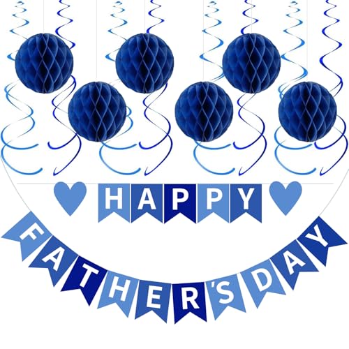 Happy Fathers Day Decorations Party Supplies Kit - Happy Fathers Day Banner 6 Honeycomb Ball & 12 Hanging Swirls for Home Party Decor Blue Heart Theme