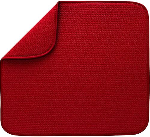 Dish Mat Absorbent, Reversible, Microfiber,Dish Drying Mat for Kitchen,Machine Washable Farmhouse Dishes Drainer for Countertop Fast Drying, Red Drying Mat 16 X 18 Inch