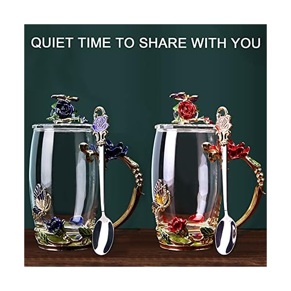 Vivimee 2 Pack Tea Cups with Lids, 12 oz Clear Glass Cups with Spoon Set, Flower Tea Cup Set