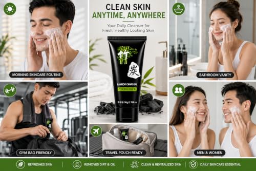 Image of Bamboo Charcoal Face Wash for Men & Women | Deep Cleansing Facial Cleanser | Helps Remove Dirt Oil & Impurities | Refreshing Face Cleanser for Oily & Combination Skin | Daily Use | 50g