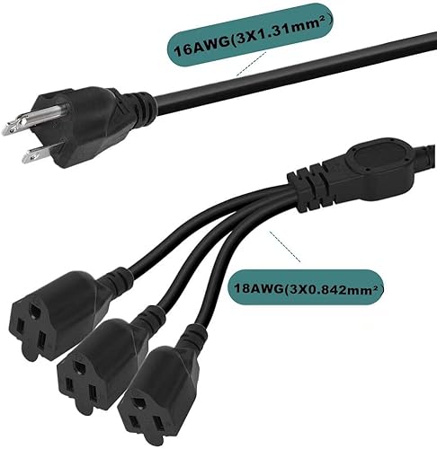 Miniatura 7 de Cable divisor de 3 clavijas de 3 clavijas de 1 a 3 tomas, cable divisor para interiores y exteriores, cable de extensión de alimentación SJT 16AWG