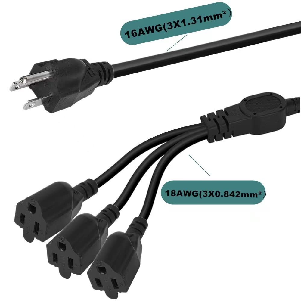 3.3FT 3 Prong 1 to 3 Outlet Power Cord Splitter Cord Indoor Outdoor Cable Strip Outlet Saver Power Extension Cable SJT 16AWG for Halloween Lights, Christmas Decorations, Computer, Scanner (Black)