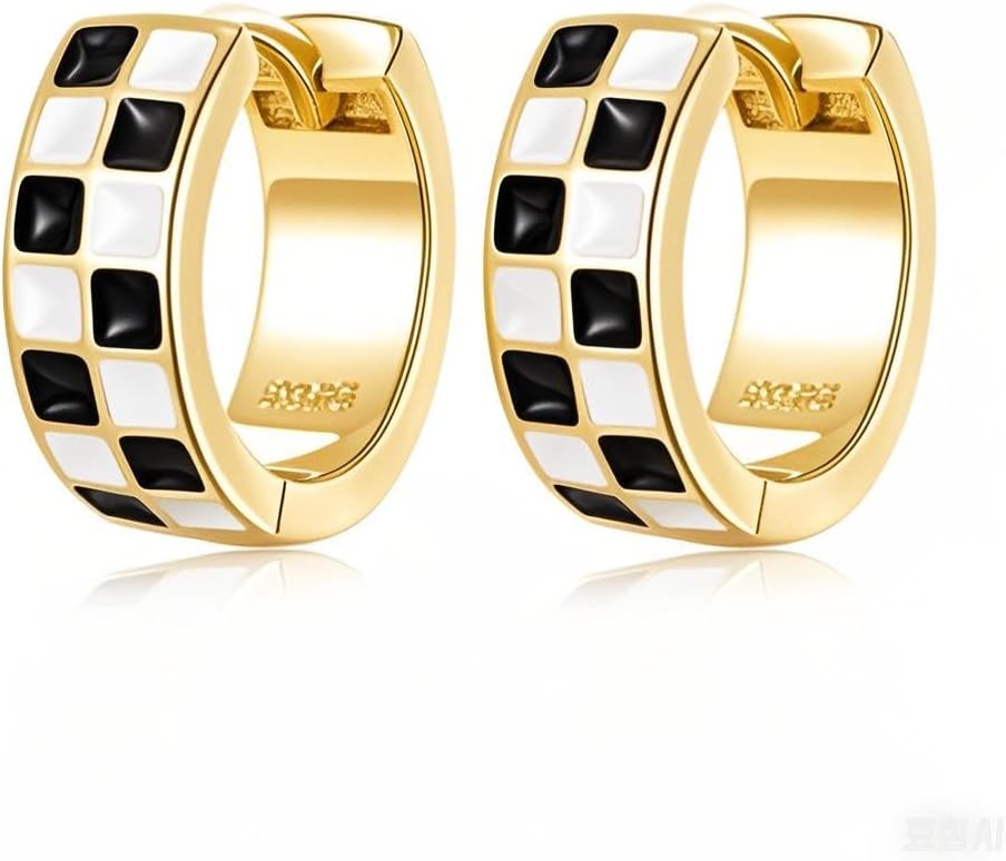 White Black Plaid Hoop Earrings for Women 925 Sterling Silver Huggie Hoops Hypoallergenic Hooped Gifts Her Birthday Bff