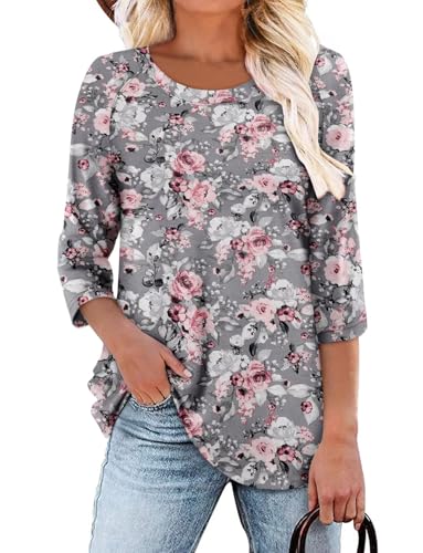 KISSMODA Tunic Tops for Women Loose Fit Dressy Round Neck Pleated 3/4 Length Sleeve Spring Tops