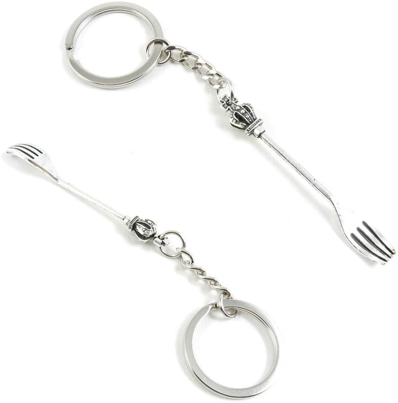 100 PCS Antique Silver Tone Keychain Keyring Door Car Key Chains Rings Tags F9DT3 Crown Fork