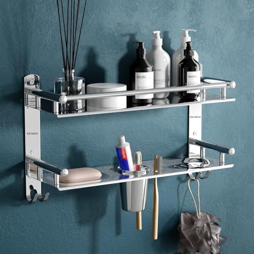 Image of RAYMOX 5 in 1 2-Tier Stainless Steel Wall Mounted Bathroom Rack /Shelf | Multi-Functional Rust-Proof Brush, Soap & Shampoo Holder for Bathroom | Bathroom Accessories, Washroom Basin - Silver