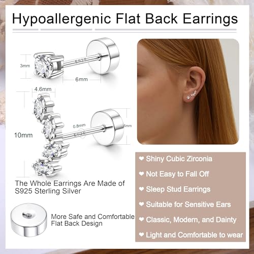 2 Pairs 925 Sterling Silver Flat Back Earrings for Women Dainty Gold CZ Flatback Cartilage Earring Small Helix Tragus Multiple Piercing Jewelry4
